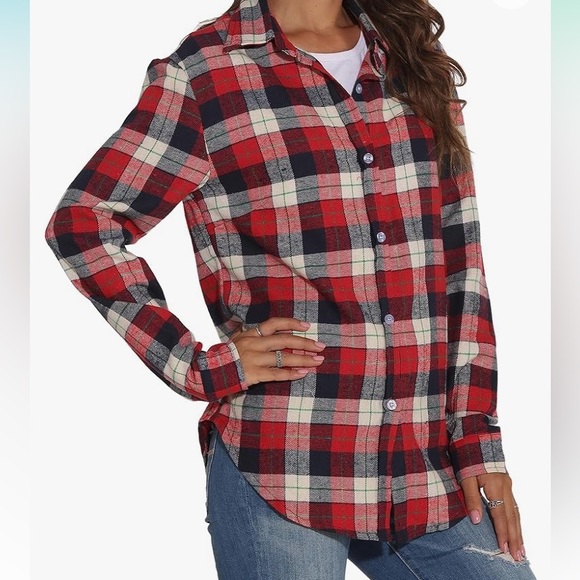 Long Sleeve Boyfriend Button Front Plaid Shirt Medium NWT Red White Blue - Picture 3 of 6